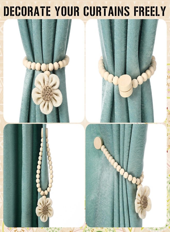 Fiwochic 2 Pcs Beaded Sunflower Magnetic Curtain Tiebacks Boho Wooden Curtain Tie Backs for Farmhouse Curtains Holders for Bedroom Decor Baby Nursery Decor for Home Office(Linen,Classic Style) - Image 3